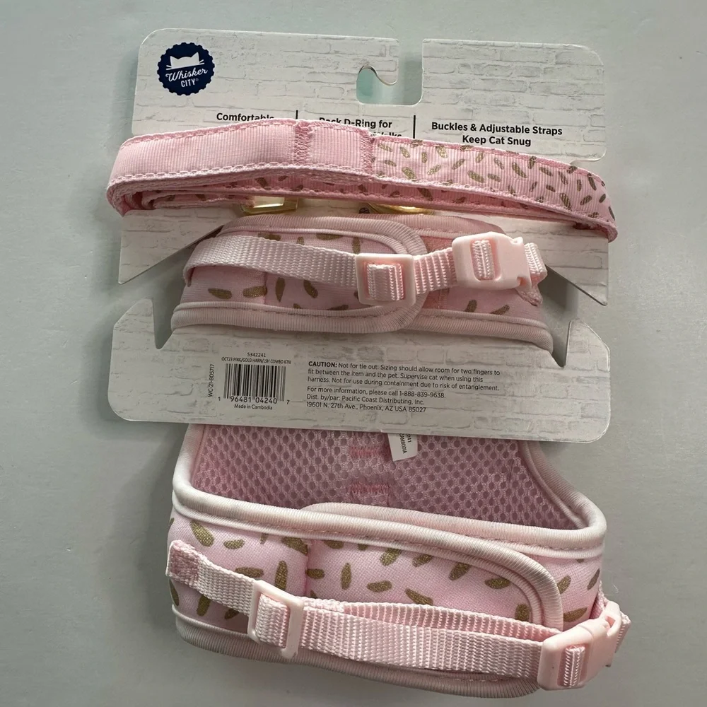 Whisker City Cat Leash & Harness Combo Pink & Gold Size Small for a Kitten
